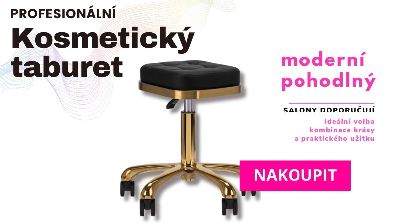 Luxusní profesionální kosmetický taburet na kolečkách v černozlatém designu, ergonomický a moderní pro maximální pohodlí v salonu.